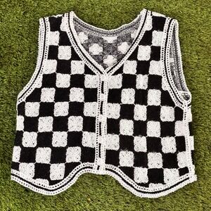 Checkerboard Crochet Vest Black White V Neck Button‎ Up Sleeveless Top Womens LG